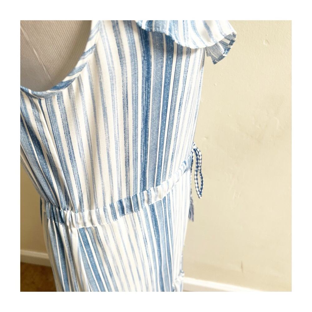 MISA Los Angeles Medium Aleja Stripe Print Linen Midi Dress White Blue Tassel - Picture 9 of 9